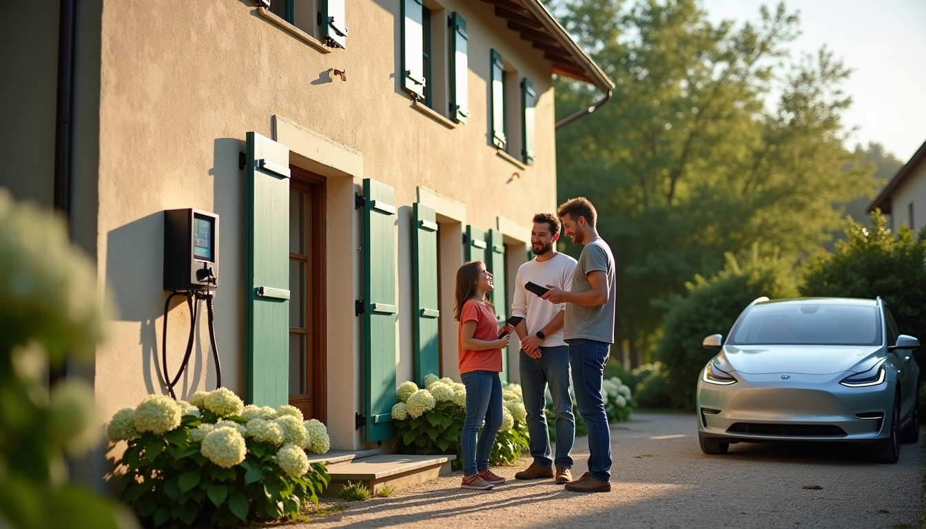 Famille discutant avec un installateur devant leur maison équipée d'une borne électrique