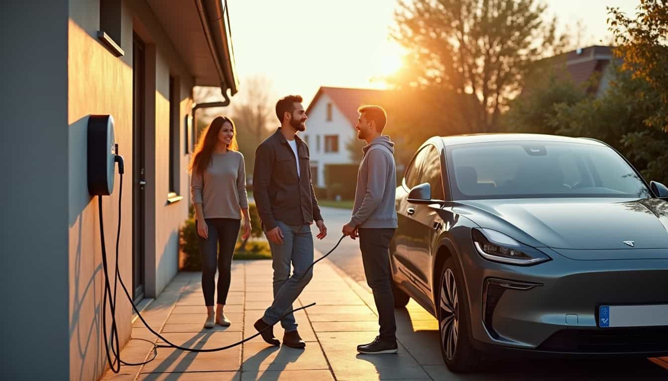 Famille en train de charger son véhicule électrique à domicile à Moulins-lès-metz