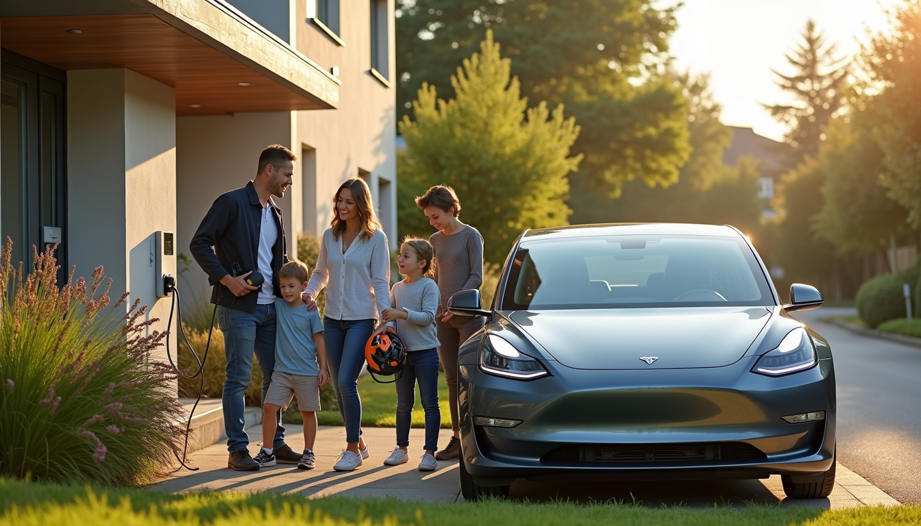 Famille utilisant leur borne de recharge électrique devant leur maison à Mont-Saint-Aignan