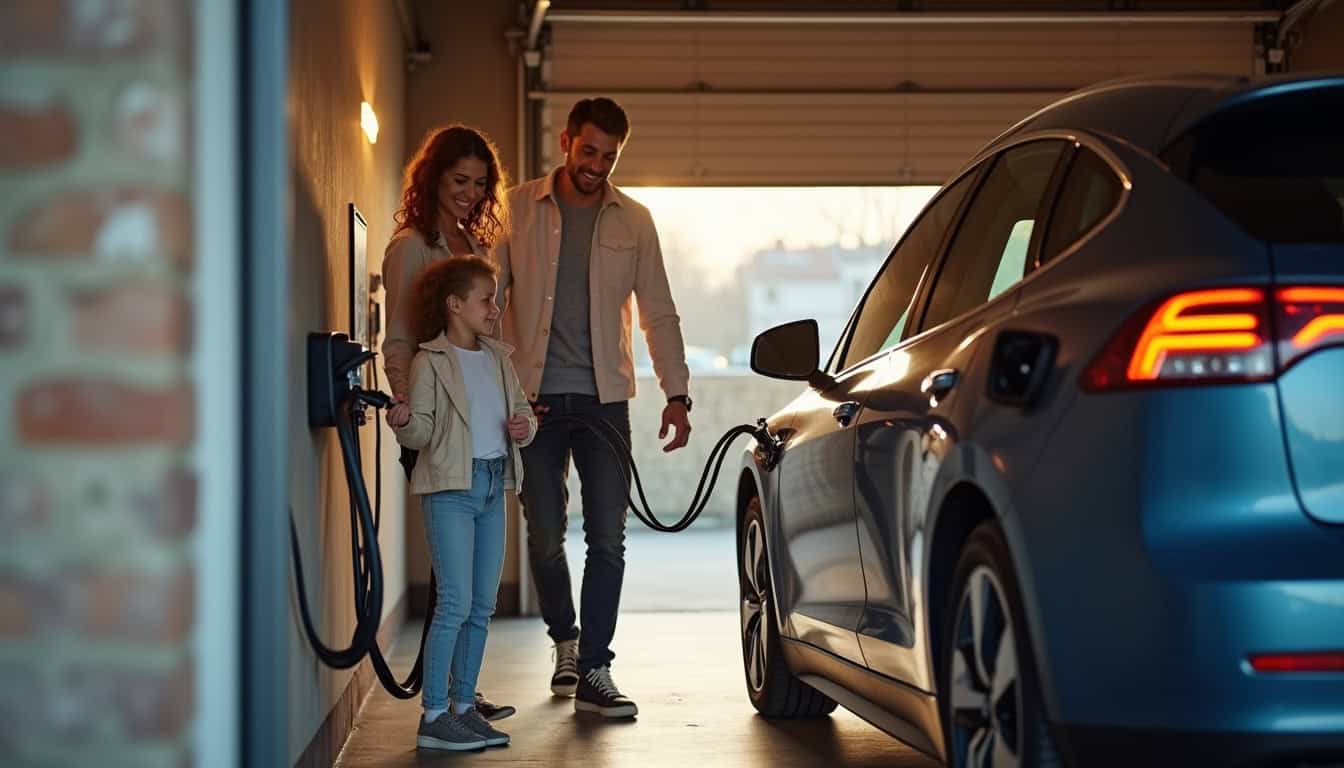 Famille utilisant leur borne électrique à domicile à Bruges