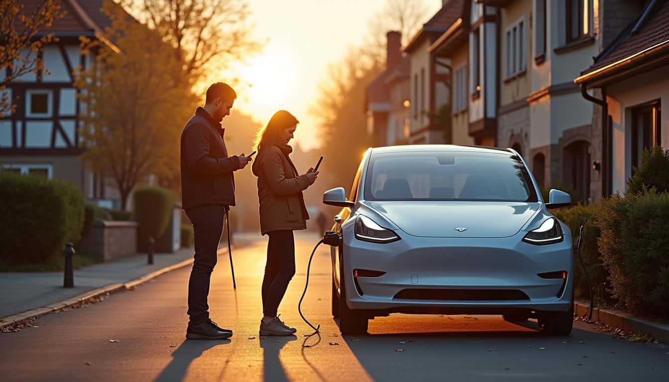 Famille utilisant une application mobile pour surveiller la recharge de leur voiture électrique à Pulversheim
