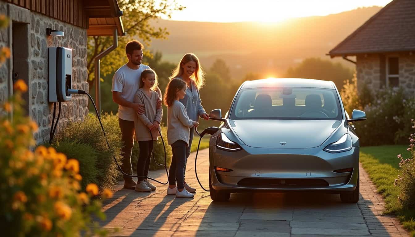 Famille utilisant une borne de recharge électrique à Argol
