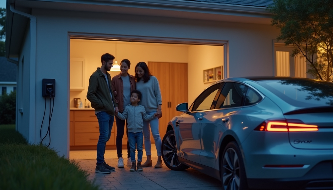 Famille utilisant une borne de recharge électrique dans leur garage