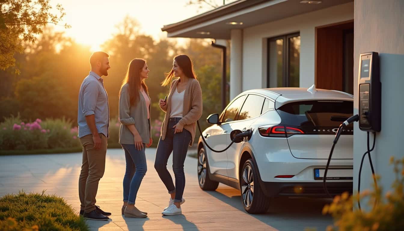 Famille utilisant une borne de recharge électrique devant leur maison à Le Fœil