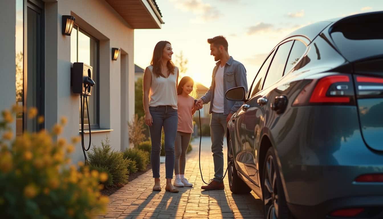 Famille utilisant une borne de recharge pour véhicule électrique devant leur maison à Corbas