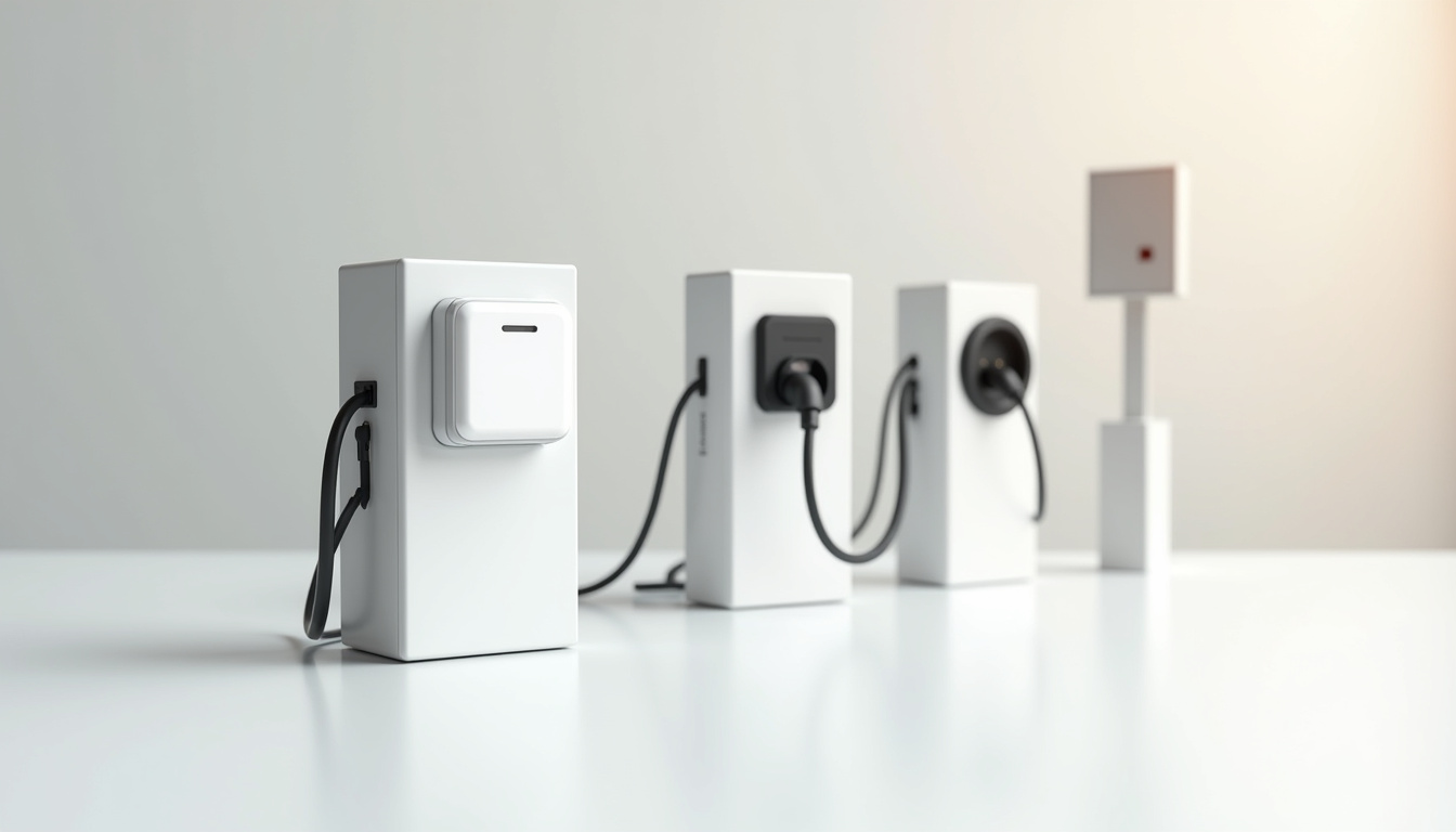 Illustration des différents types de bornes de recharge disponibles à Fillinges: wallbox, prise renforcée et bornes publiques