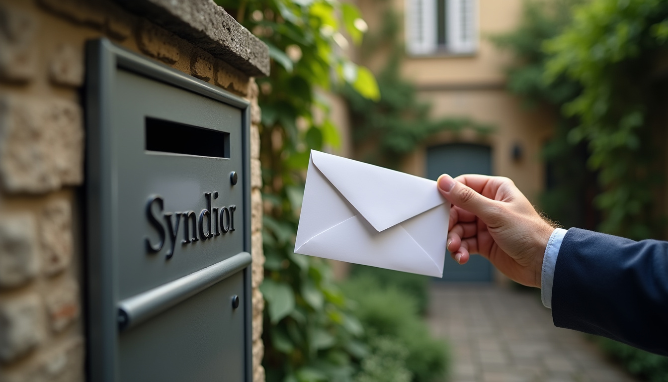 Illustration du droit à la prise en copropriété: propriétaire déposant une lettre recommandée au syndic pour installer sa borne électrique