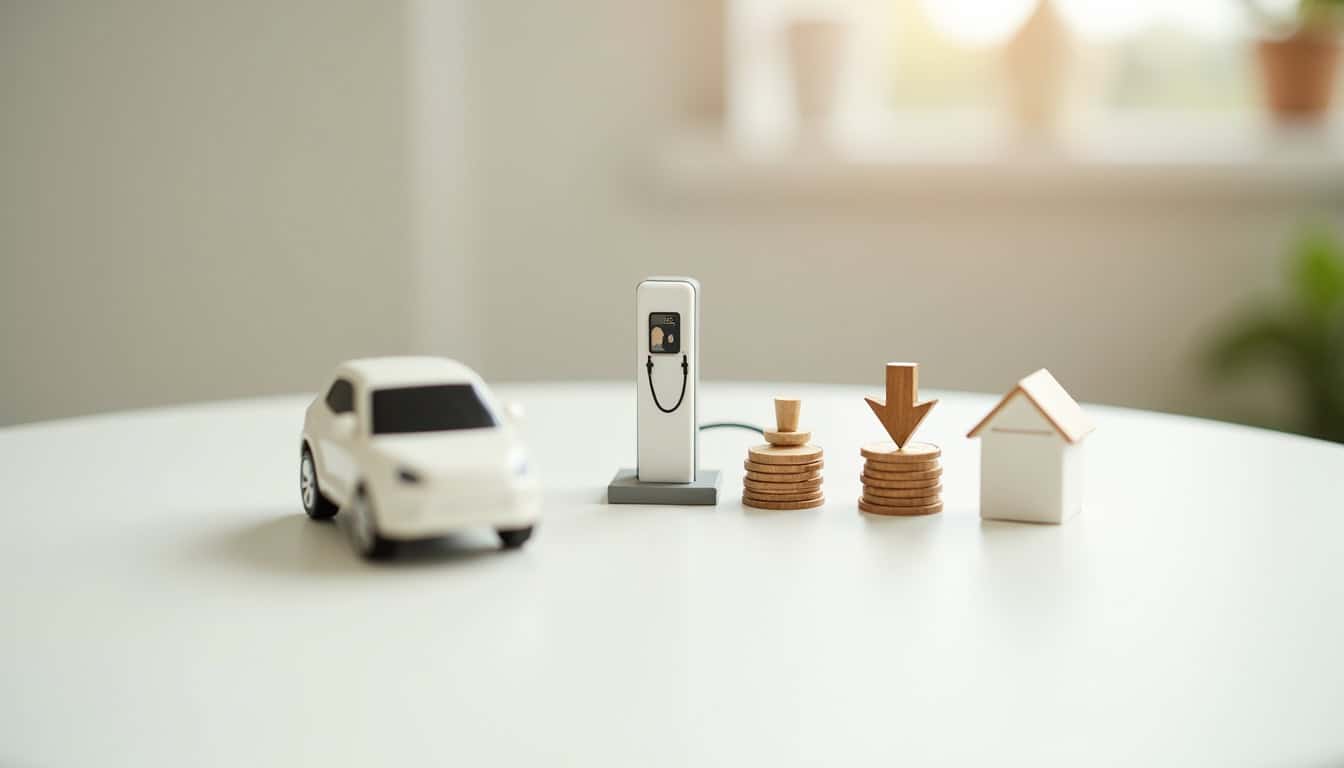 Illustration d'une borne de recharge avec des icônes d'aides financières et de taux réduits