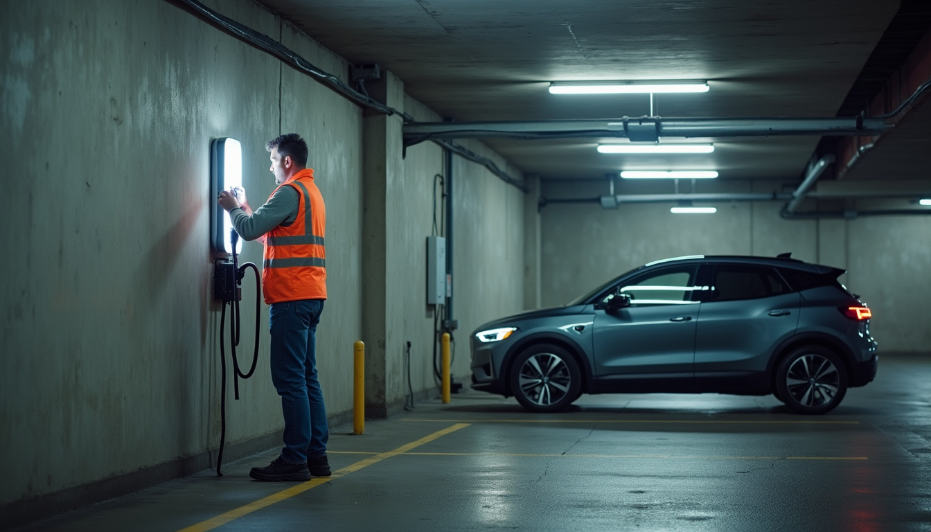 Illustration d'une installation de borne de recharge en copropriété avec un technicien sur un parking souterrain