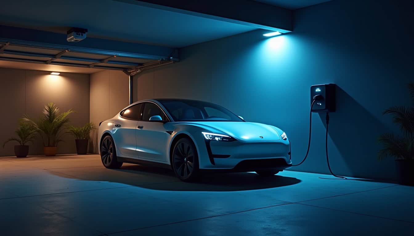 Illustration d'une voiture électrique en train de charger la nuit dans un garage à Bosc-Guérard-Saint-Adrien