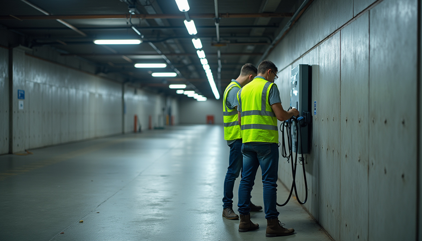 Illustration montrant l'installation d'une borne de recharge dans un parking de copropriété