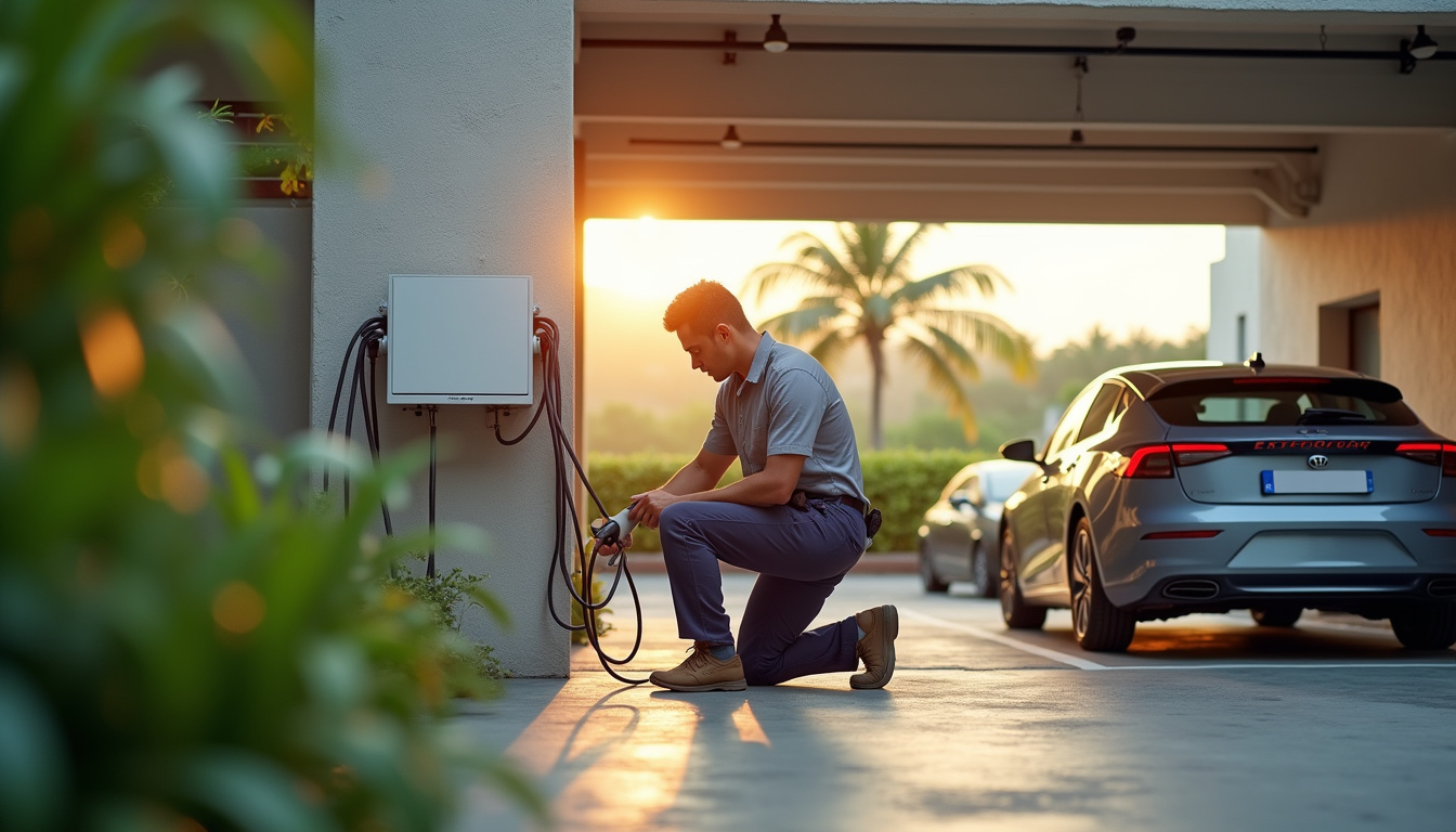 Illustration montrant l'installation d'une borne électrique dans un parking de copropriété à Deshaies