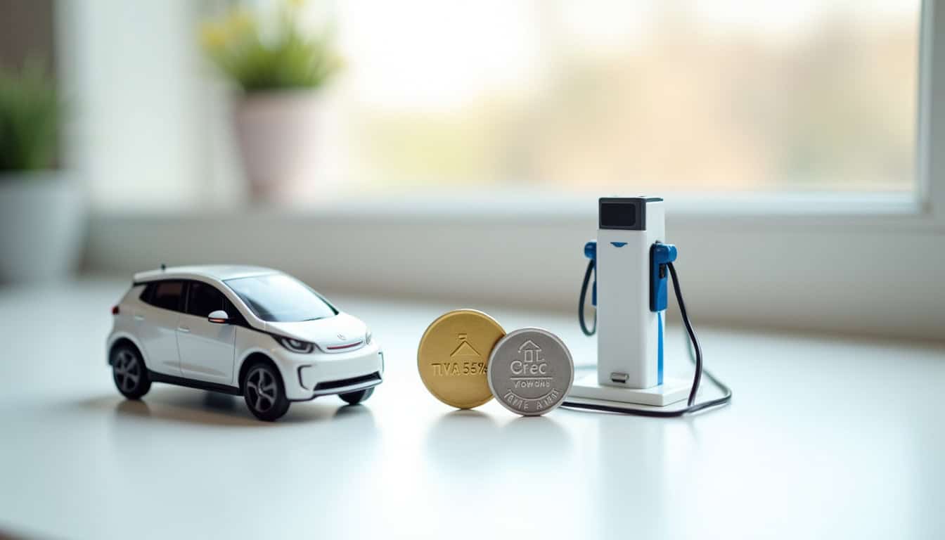 Infographie illustrant les différentes aides financières pour l'installation d'une borne électrique à Ahuillé: TVA 5,5%, crédit d'impôt 300€, prime Advenir