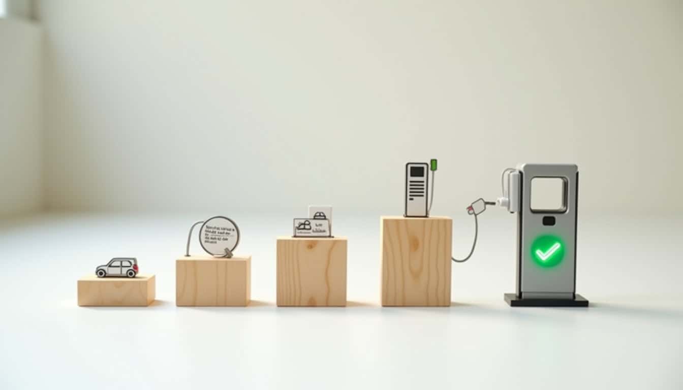 Infographie illustrant les étapes clés pour l’installation d’une borne de recharge à Gouézec: devis, diagnostic, installation, mise en service