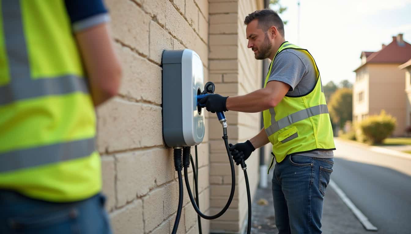 Installateur certifié IRVE en train de poser une borne de recharge à Gretz-Armainvilliers