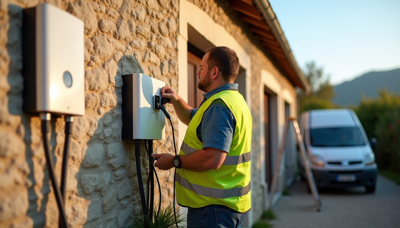 Installateur en train de fixer une borne de recharge murale devant un garage à Alairac