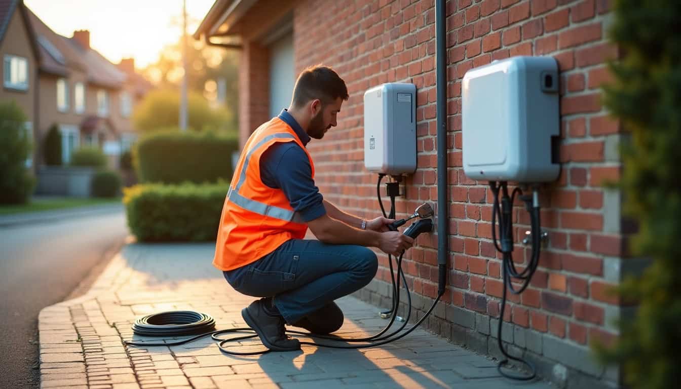 Installateur IRVE en train de poser une borne de recharge électrique à Esquelbecq