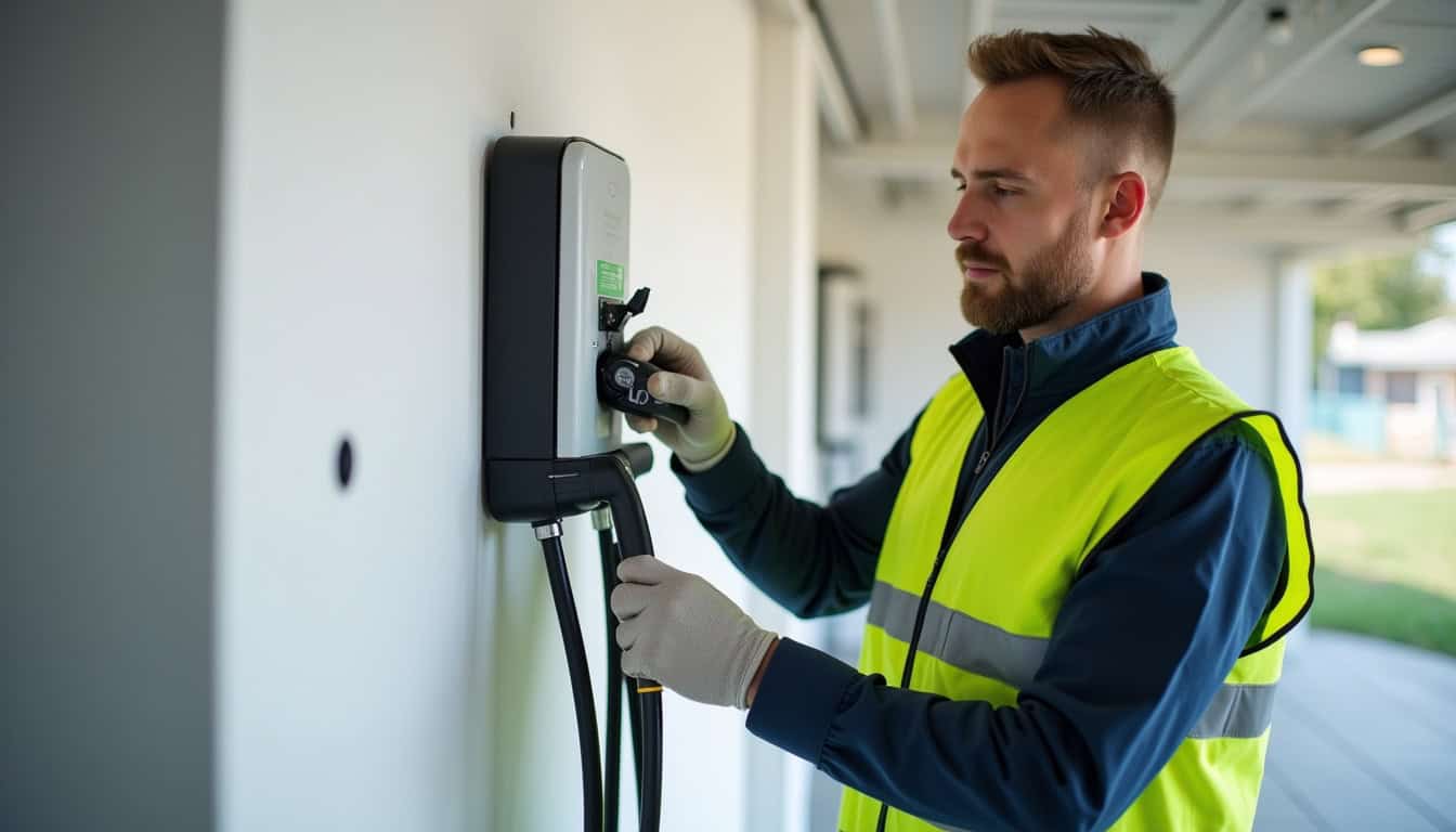 Installateur IRVE en train de poser une borne de recharge électrique à Poulx