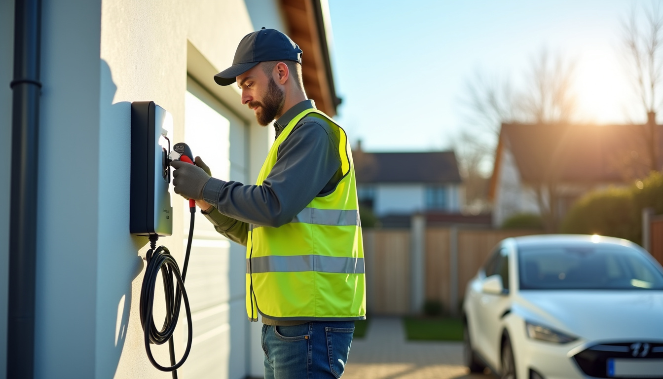 Installateur professionnel en train d'installer une borne de recharge électrique à Puyoô