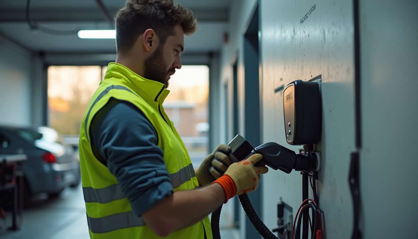 Installateur professionnel en train d'installer une borne de recharge électrique dans un garage à Le Cheylard