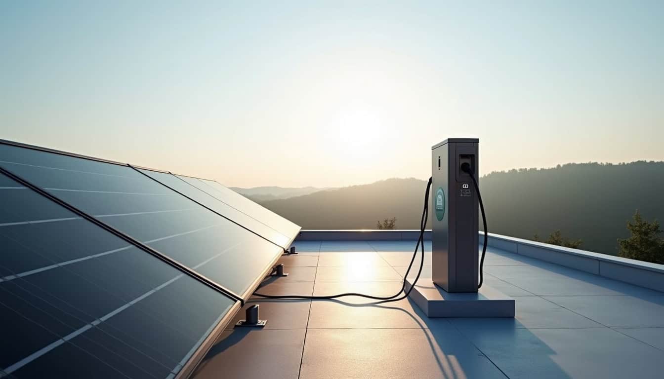 Installation combinée de bornes de recharge et de panneaux solaires sur un toit à Rambouillet