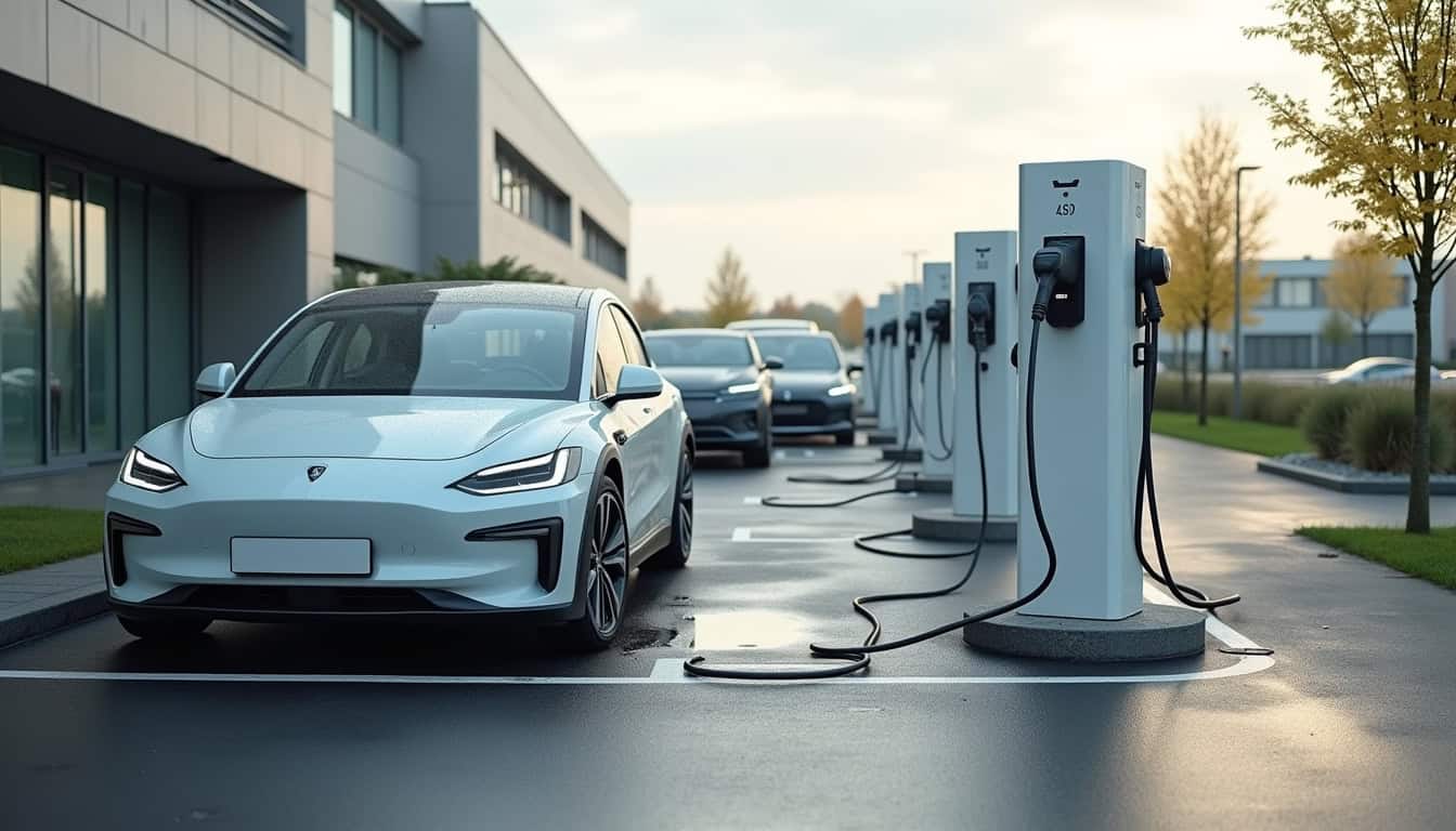 Installation de plusieurs bornes de recharge sur un parking d’entreprise à Mont-de-marsan, avec véhicules électriques en charge