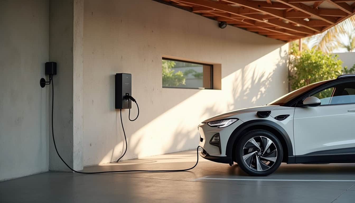 Installation d'une borne de recharge dans un garage à Le Morne-Rouge avec câblage sécurisé et accès facile au véhicule