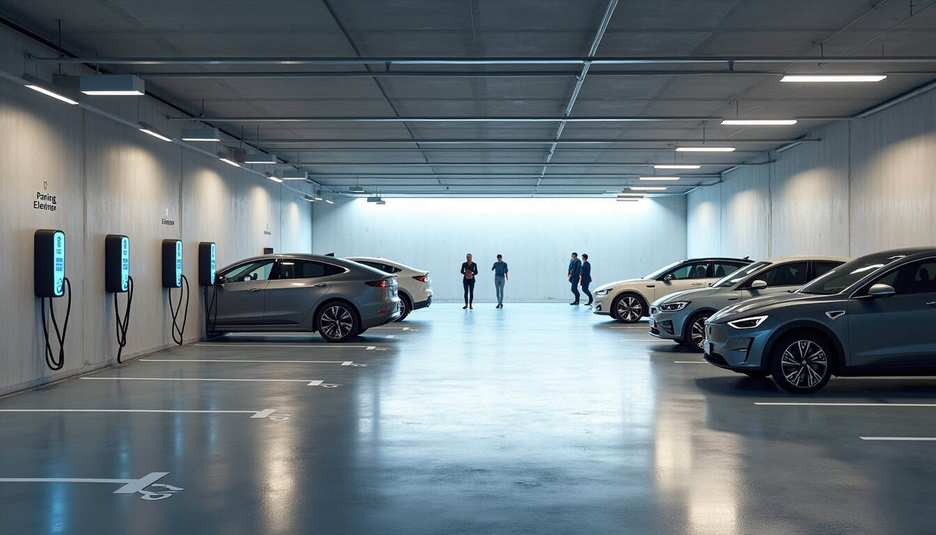 Installation d'une borne de recharge dans un parking de copropriété à Horgues, vue d'ensemble du stationnement avec plusieurs véhicules électriques