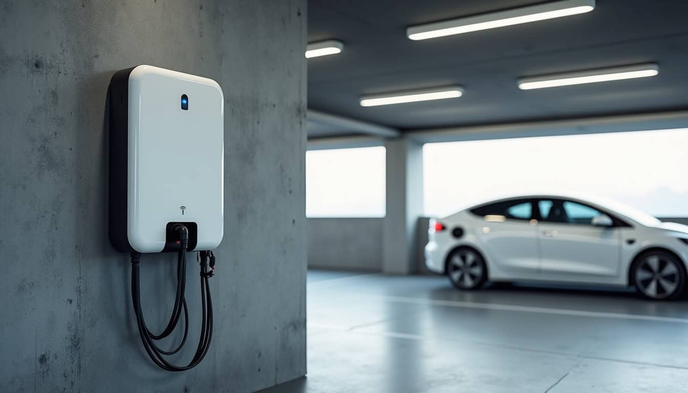 Installation d'une borne de recharge dans un parking de copropriété à Sauzet, avec câble aérien et borne murale