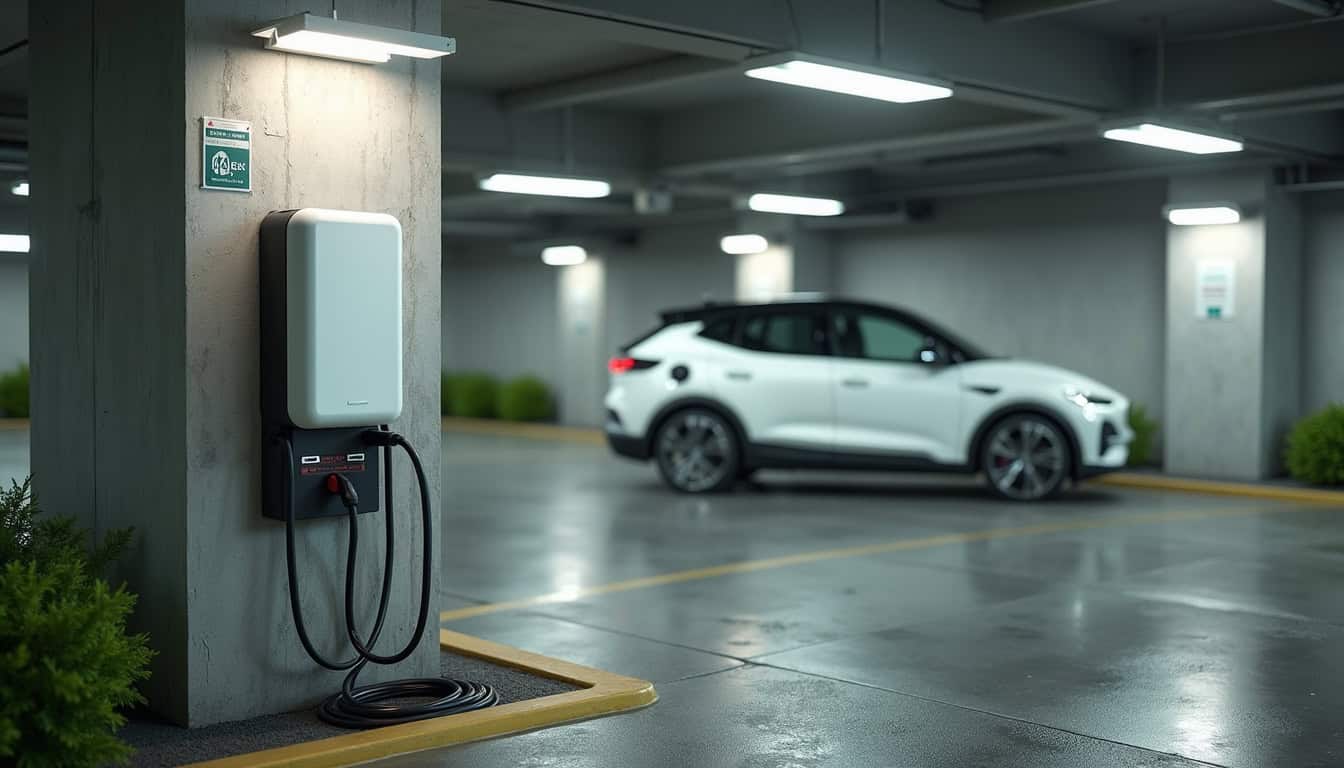 Installation d'une borne de recharge dans un parking d'immeuble à Jassans-Riottier