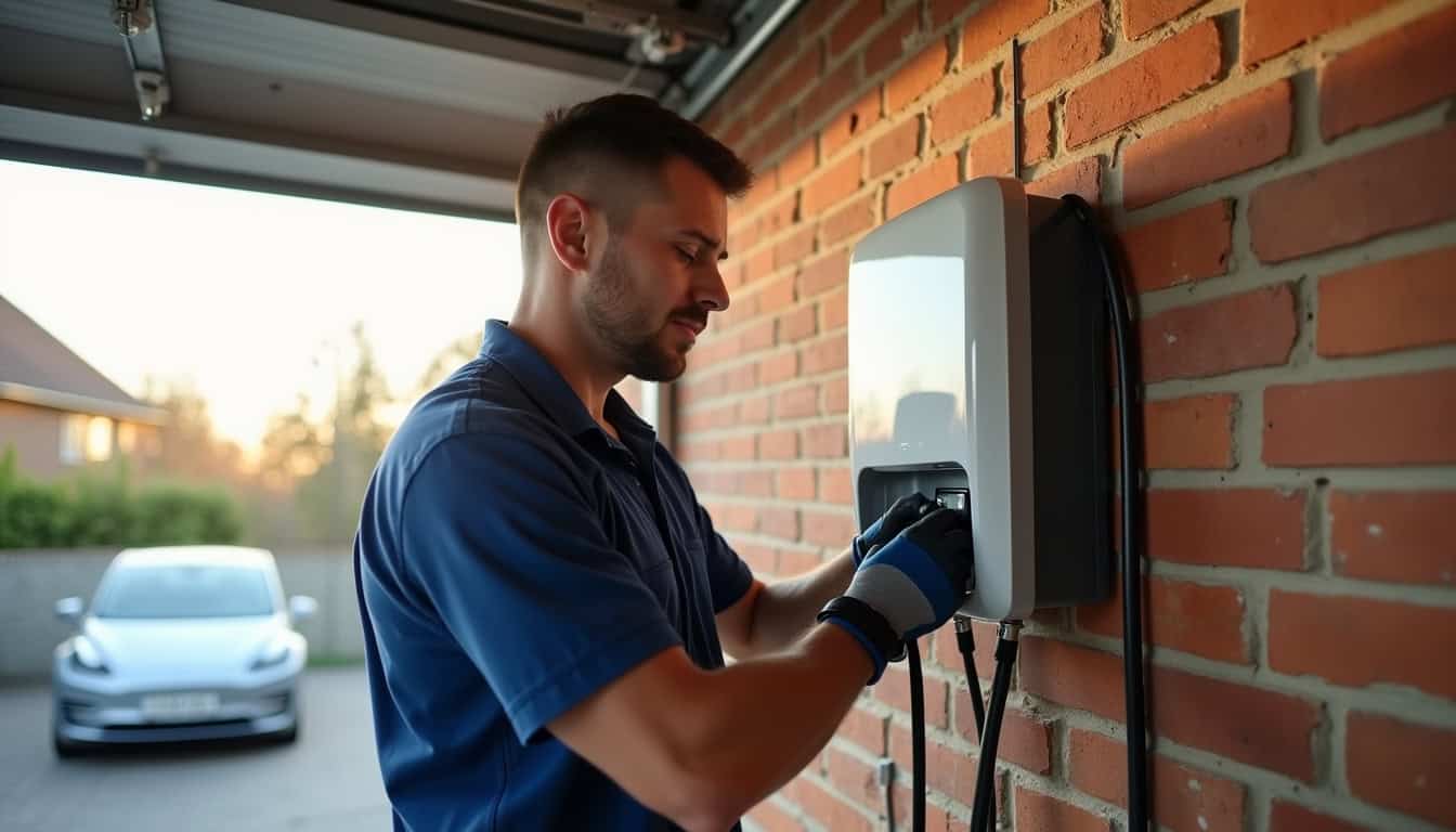 Installation d'une borne de recharge électrique à Arcisses, vue d'un électricien en train de fixer une Wallbox