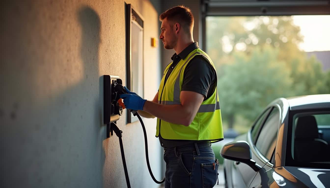 Installation d'une borne de recharge électrique à Bourguébus, vue d'un électricien en train de fixer une wallbox près d'un véhicule
