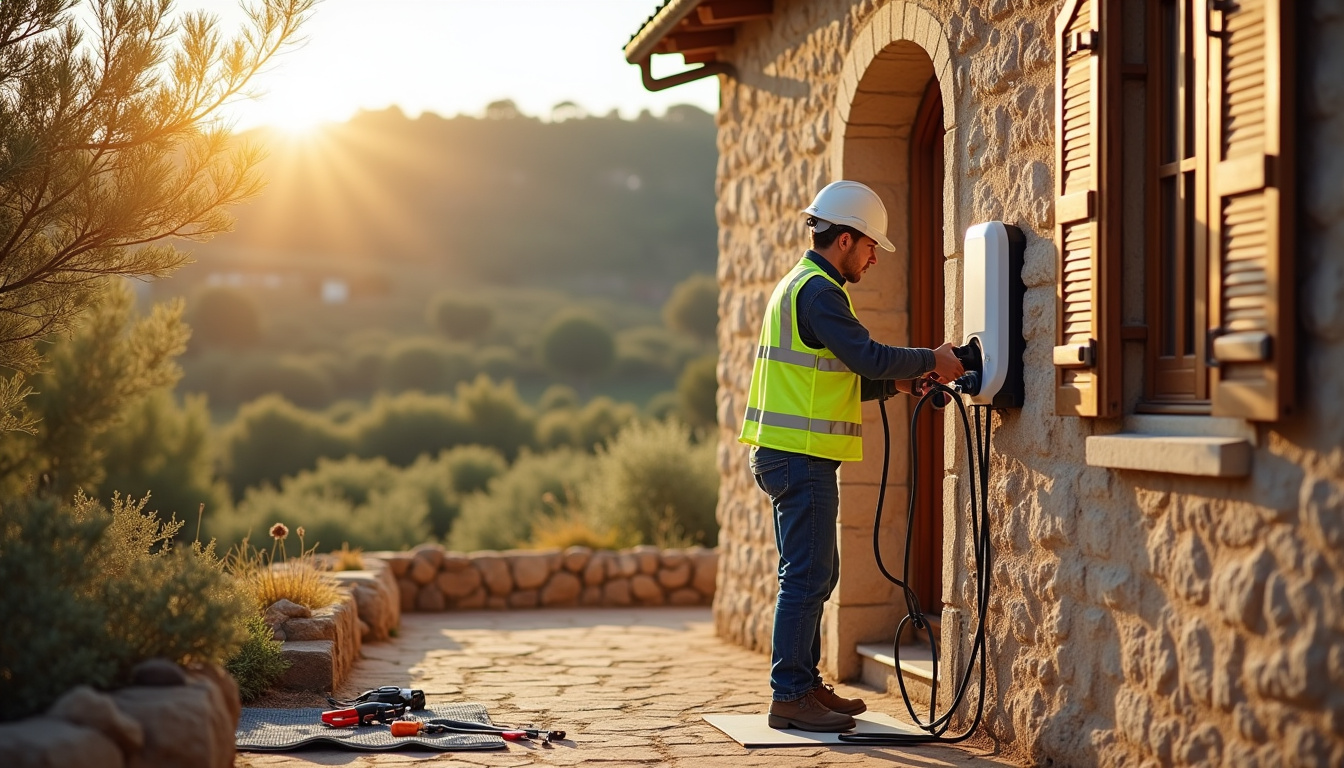 Installation d'une borne de recharge électrique à Céret, vue d'un technicien en train de fixer une wallbox sur un mur extérieur