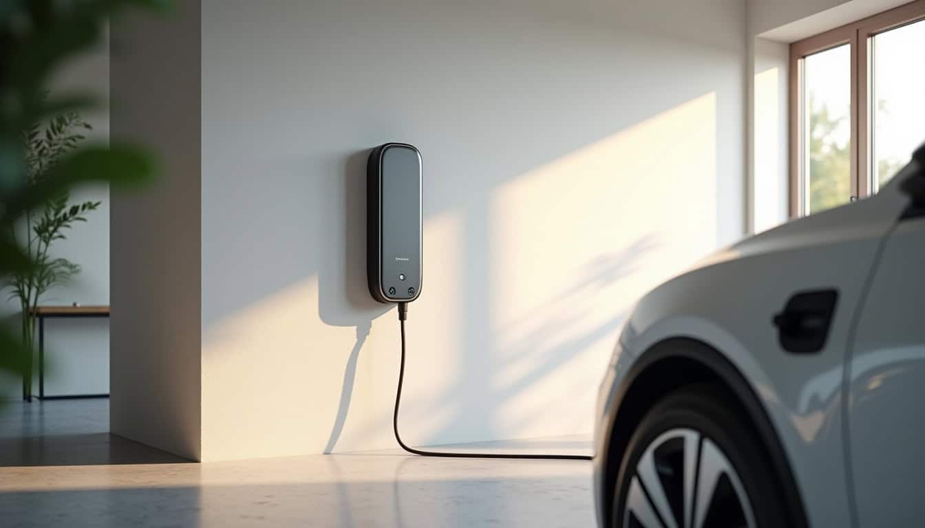 Installation d'une borne de recharge électrique à domicile à Lozinghem, vue d'ensemble du dispositif connecté à un véhicule électrique dans un garage privé