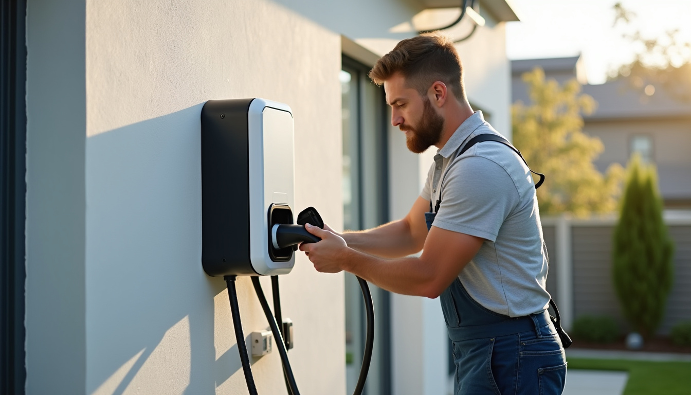 Installation d'une borne de recharge électrique à Étoile-sur-Rhône, vue sur le matériel et le technicien en intervention