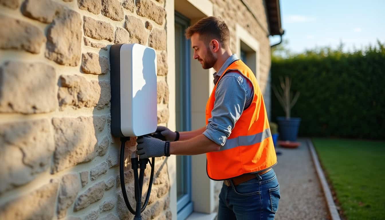 Installation d'une borne de recharge électrique à Folligny, vue d'un professionnel en train de fixer une wallbox sur un mur extérieur