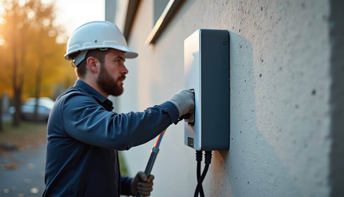 Installation d'une borne de recharge électrique à Grans, vue d'un professionnel en train de fixer une wallbox sur un mur extérieur