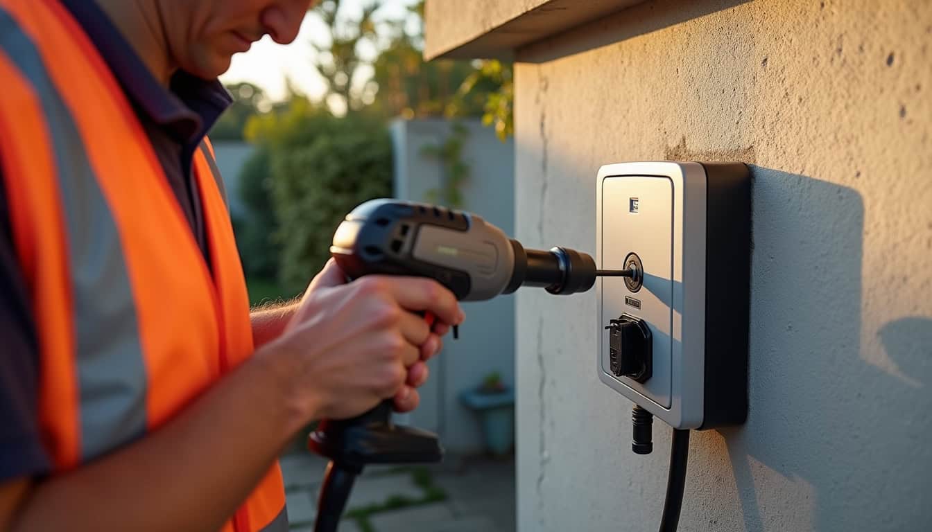 Installation d'une borne de recharge électrique à Horgues, vue de l'électricien en train de fixer la wallbox au mur