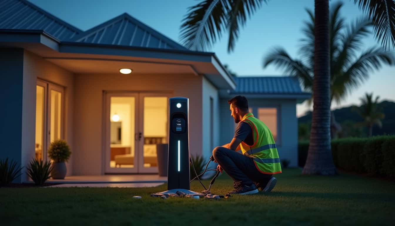 Installation d'une borne de recharge électrique à La Réunion en soirée, vue extérieure d'une maison avec un technicien en intervention