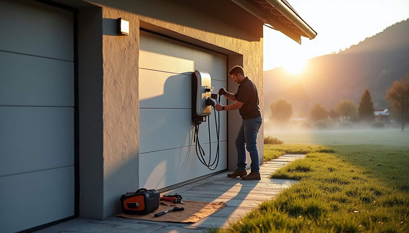 Installation d'une borne de recharge électrique à Le Russey, vue d'un technicien en train de fixer une Wallbox sur un mur extérieur