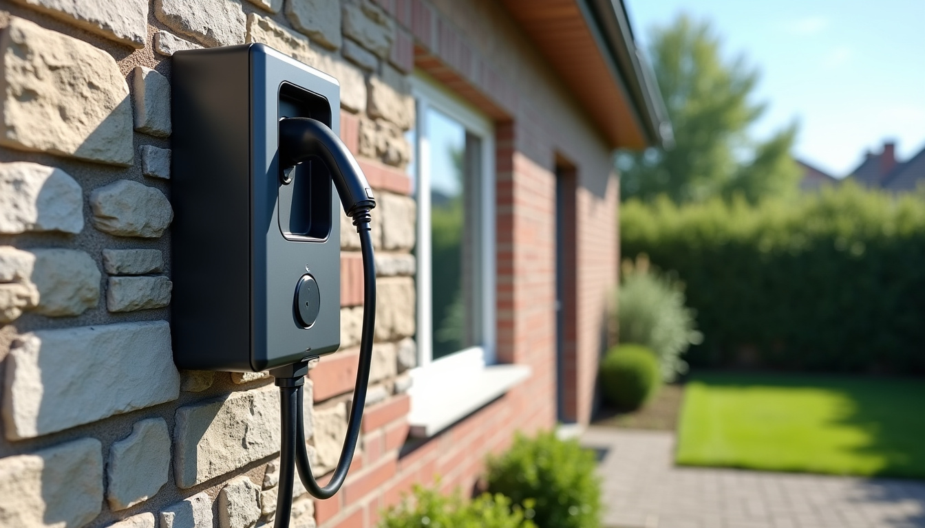 Installation d'une borne de recharge électrique à l'extérieur d'une maison à Donges, en journée, avec câble bien positionné et abri intégré