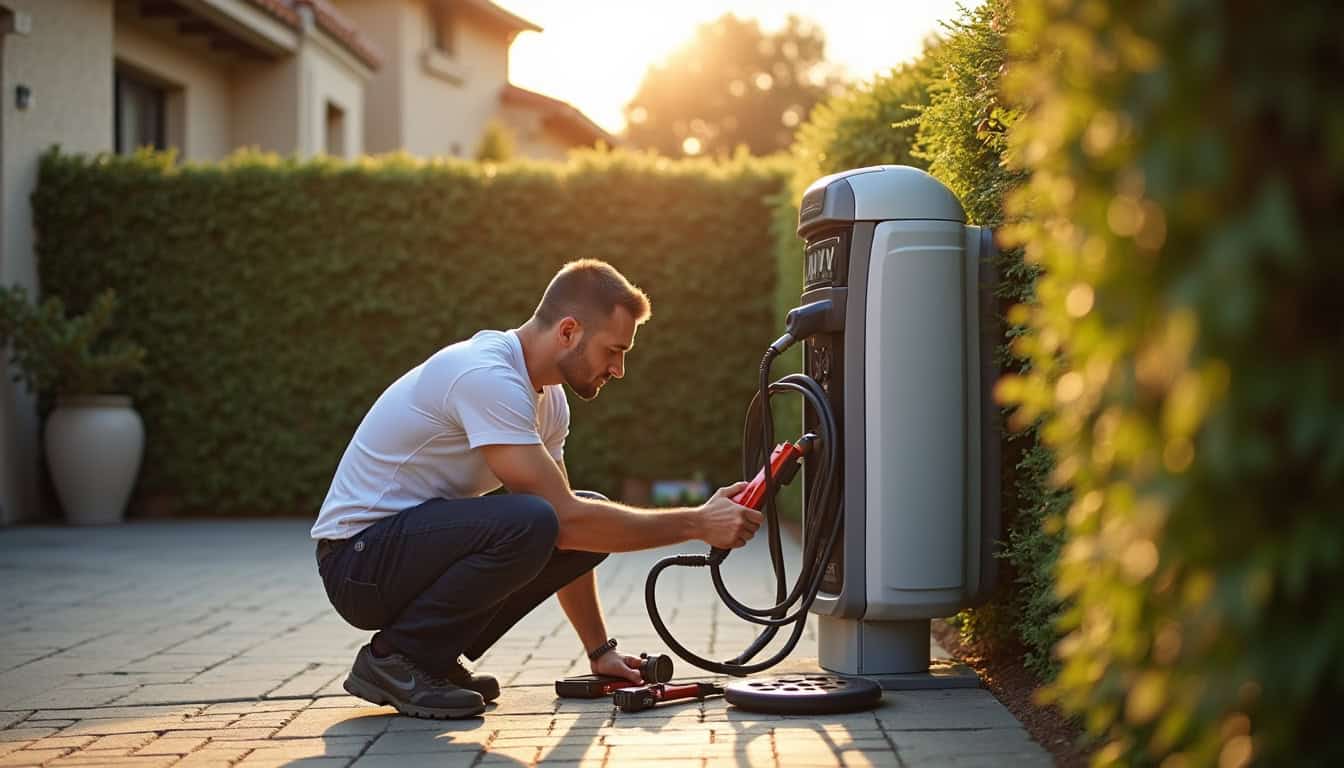 Installation d'une borne de recharge électrique à Moyon Villages, électricien en train de connecter le dispositif