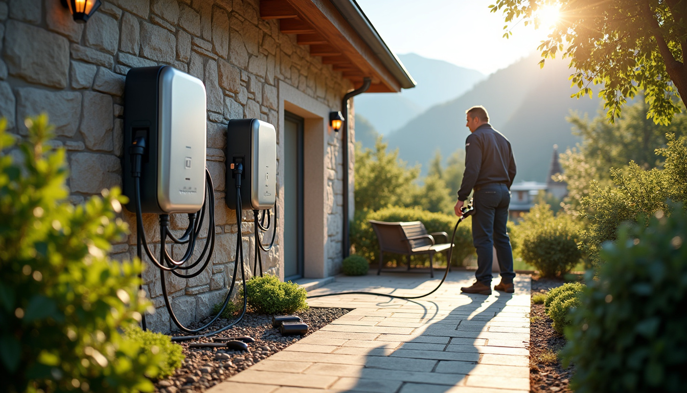 Installation d'une borne de recharge électrique au mur d'une maison à La Biolle