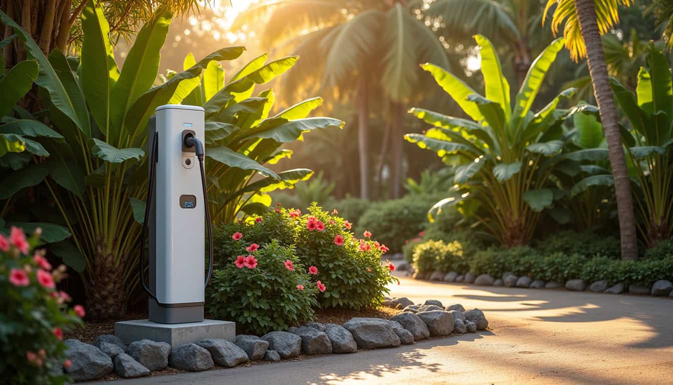 Installation d'une borne de recharge électrique dans un jardin à Baillif, Guadeloupe