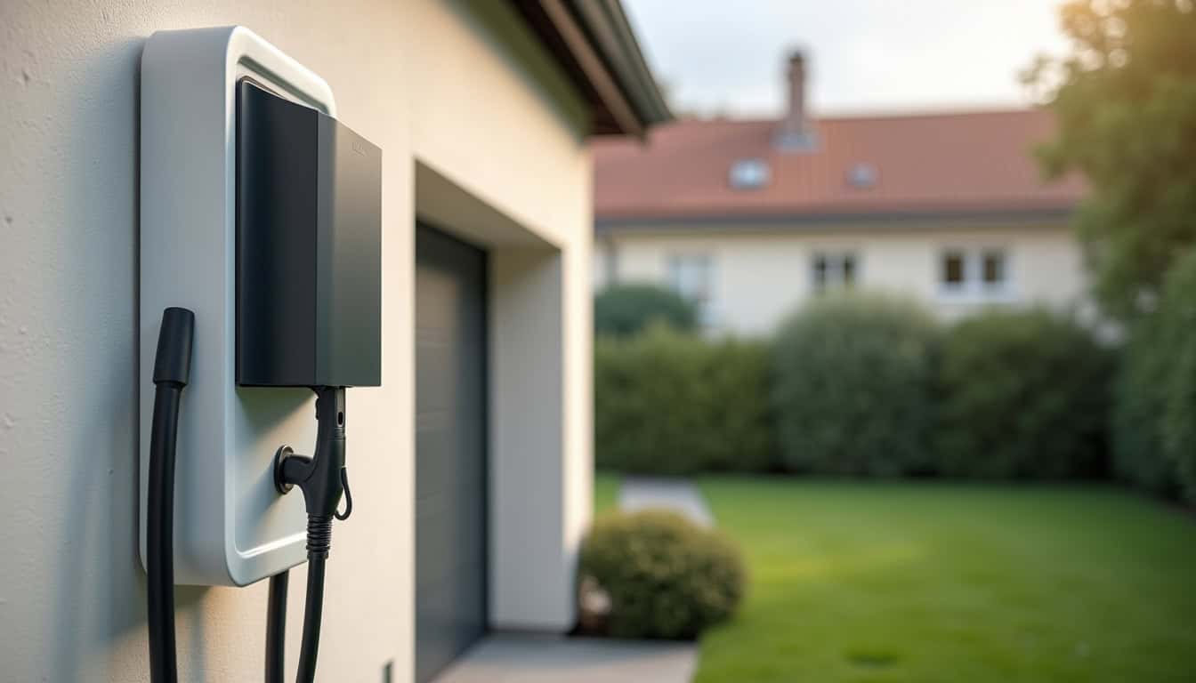 Installation d'une borne de recharge électrique dans un jardin à Saint-Georges-du-bois, en extérieur près du garage