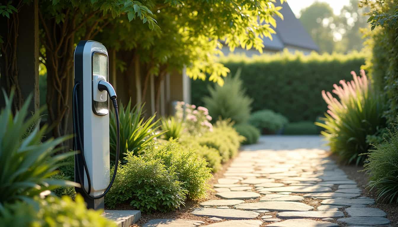 Installation d'une borne de recharge électrique dans un jardin à Saint-Vaast-la-Hougue