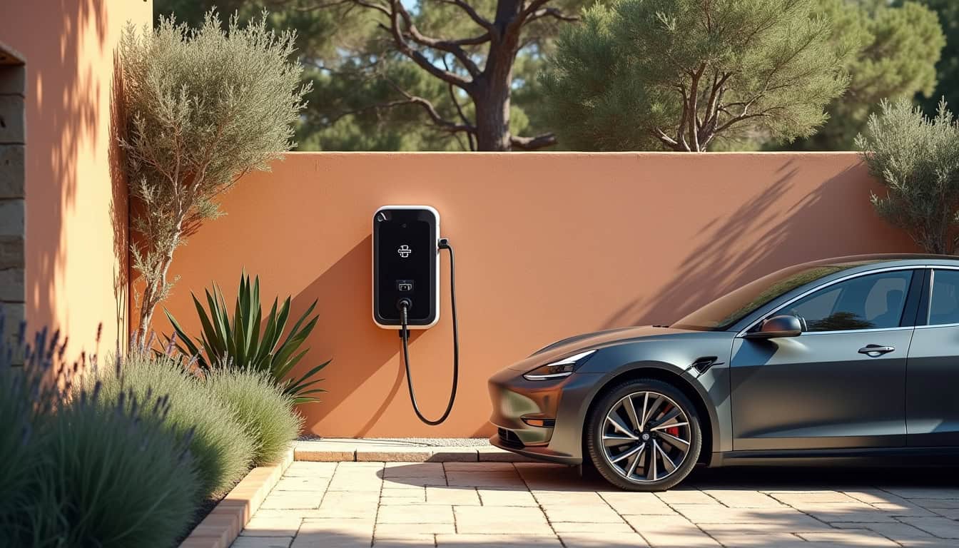 Installation d'une borne de recharge électrique dans un jardin résidentiel à Cotignac