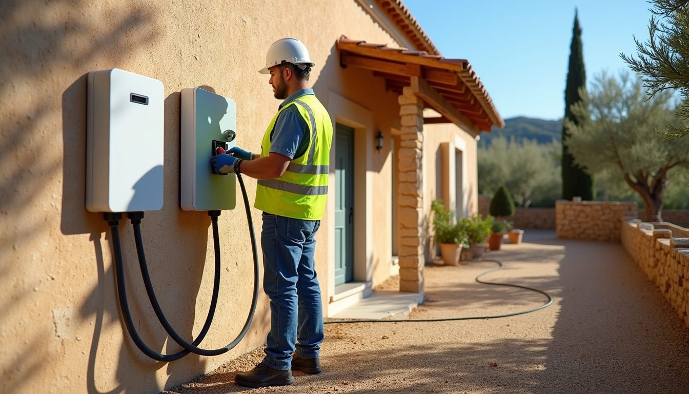 Installation d'une borne de recharge électrique dans une maison à Balaruc-le-Vieux, vue d'extérieur avec câblage apparent et électricien en intervention