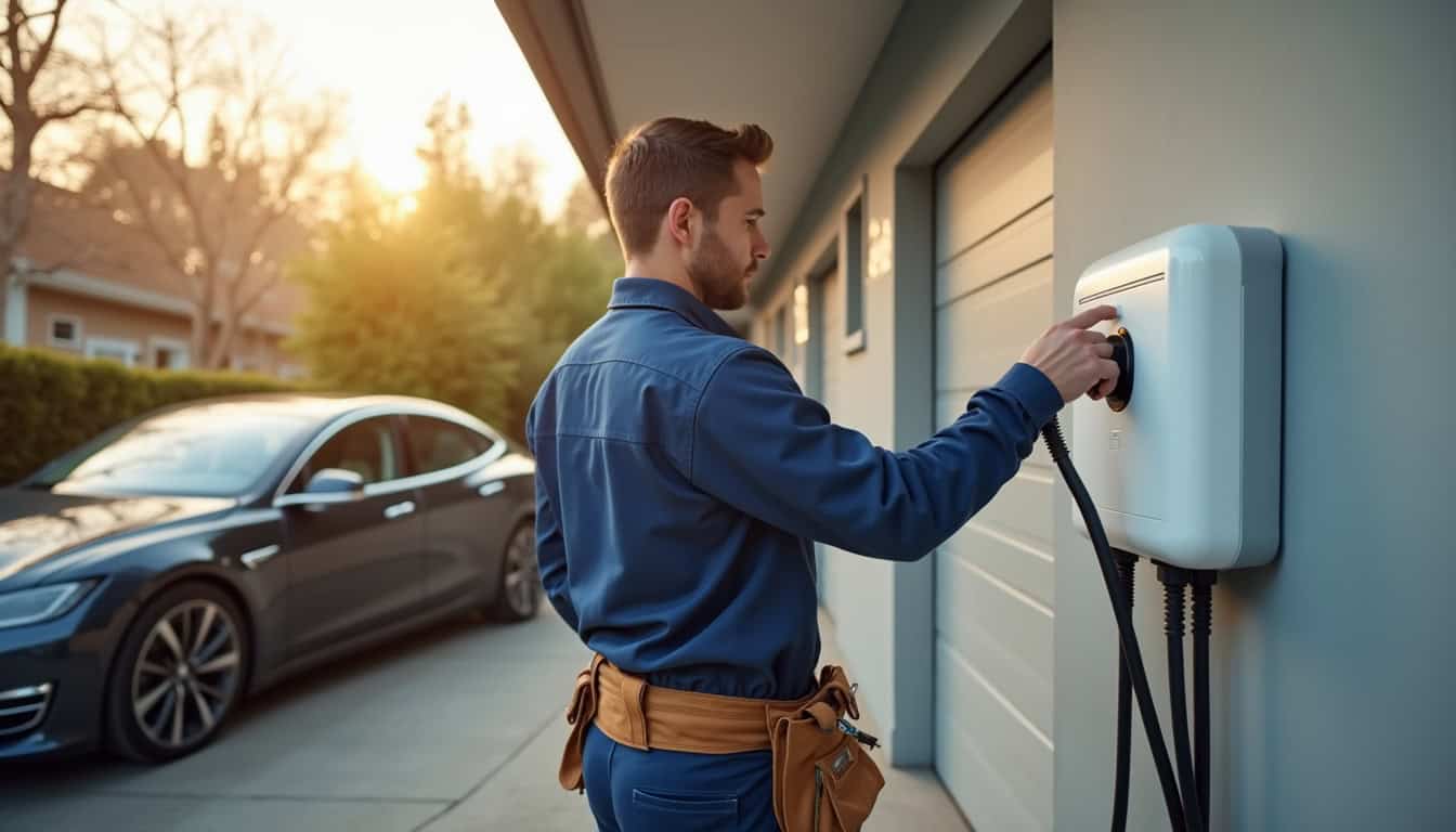 Installation d'une borne de recharge électrique dans une maison à Sarry, vue du technicien en train de poser la Wallbox