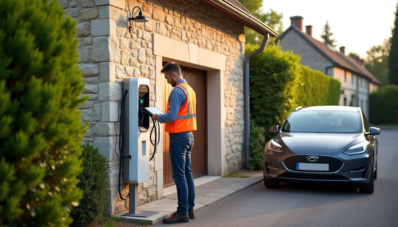 Installation d'une borne de recharge électrique devant un garage à Baron-sur-Odon